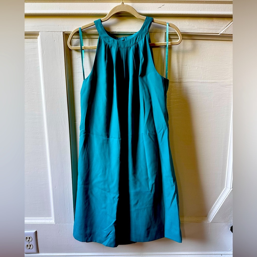 J. Crew Teal wrap back high neck cocktail dress size 8